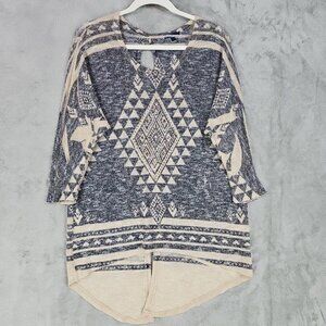 Charlotte Russe Y2K Top Womens XL Cream/Gray Aztec Tunic Rhinestone Open Back